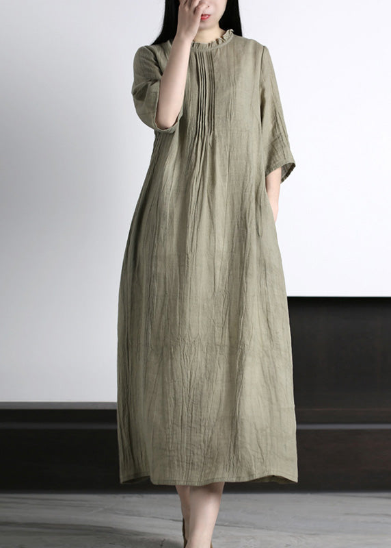 Brief Grey Ruffled Wrinkled Vacation Ramie Maxi Dresses Half Sleeve