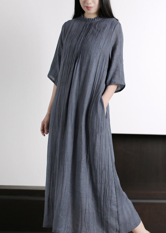 Brief Grey Ruffled Wrinkled Vacation Ramie Maxi Dresses Half Sleeve