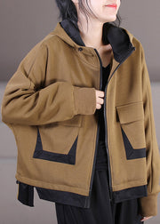 Brief Khaki Zippered Patchwork Drawstring Hooded Coats Fall