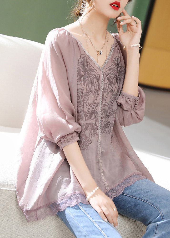 Brief Light Purple V Neck Embroideried Lace Patchwork Linen Top Short Sleeve