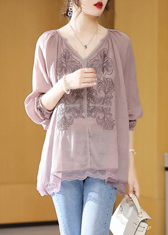 Brief Light Purple V Neck Embroideried Lace Patchwork Linen Top Short Sleeve