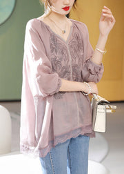 Brief Light Purple V Neck Embroideried Lace Patchwork Linen Top Short Sleeve