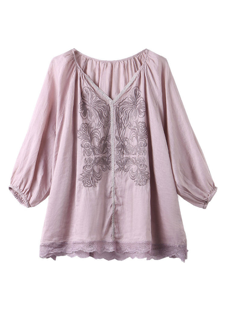 Brief Light Purple V Neck Embroideried Lace Patchwork Linen Top Short Sleeve