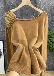 Brief Milk Tea Colour Slash Neck Dot Patchwork Cashmere Sweater Long Sleeve