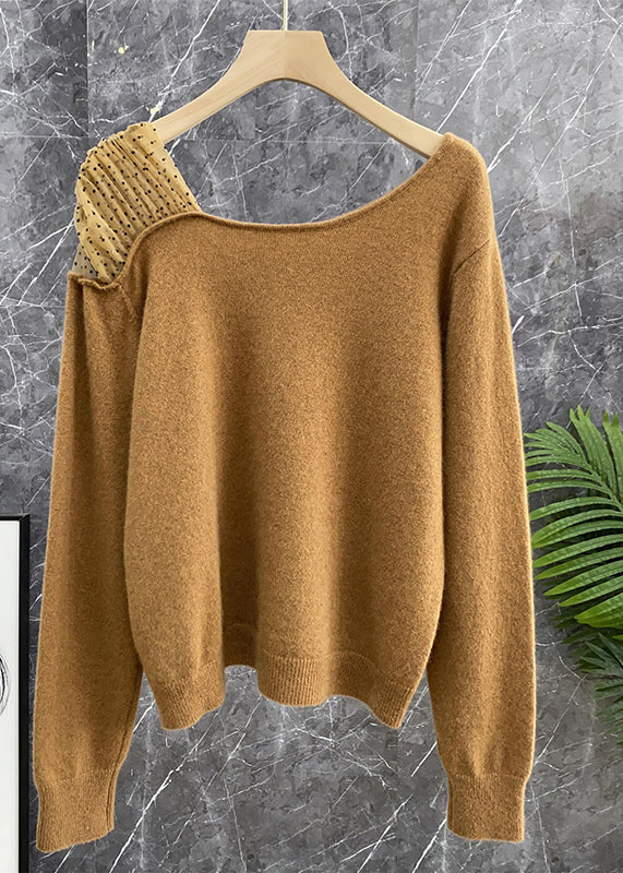 Brief Milk Tea Colour Slash Neck Dot Patchwork Cashmere Sweater Long Sleeve