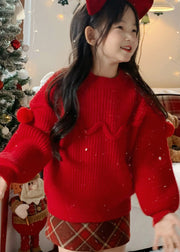 Brief Mulberry O-Neck Patchwork Fuzzy Ball Decorated Cotton Knit Kids Sweater Tops Spring