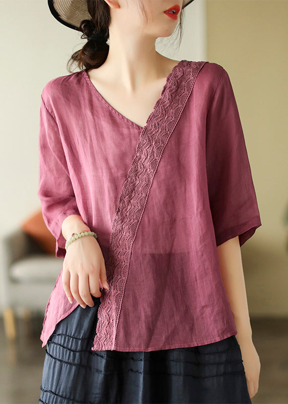 Brief Mulberry V Neck Embroideried Lace Patchwork Solid Linen Top Short Sleeve