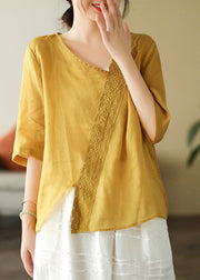 Brief Mulberry V Neck Embroideried Lace Patchwork Solid Linen Top Short Sleeve