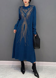 Brief Navy O Neck Zircon Exra Large Hem Knit Long Dress Winter