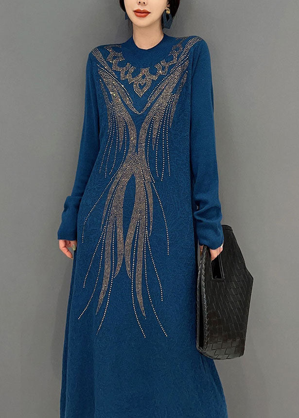 Brief Navy O Neck Zircon Exra Large Hem Knit Long Dress Winter