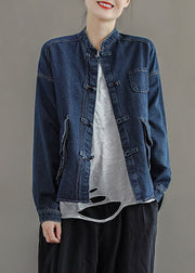 Brief Navy Stand Collar Button Pockets Cotton Denim Coats Long Sleeve