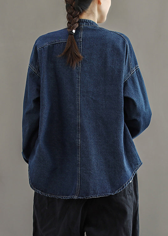 Brief Navy Stand Collar Button Pockets Cotton Denim Coats Long Sleeve