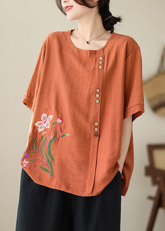 Brief Orange Embroideried Loose Top Summer