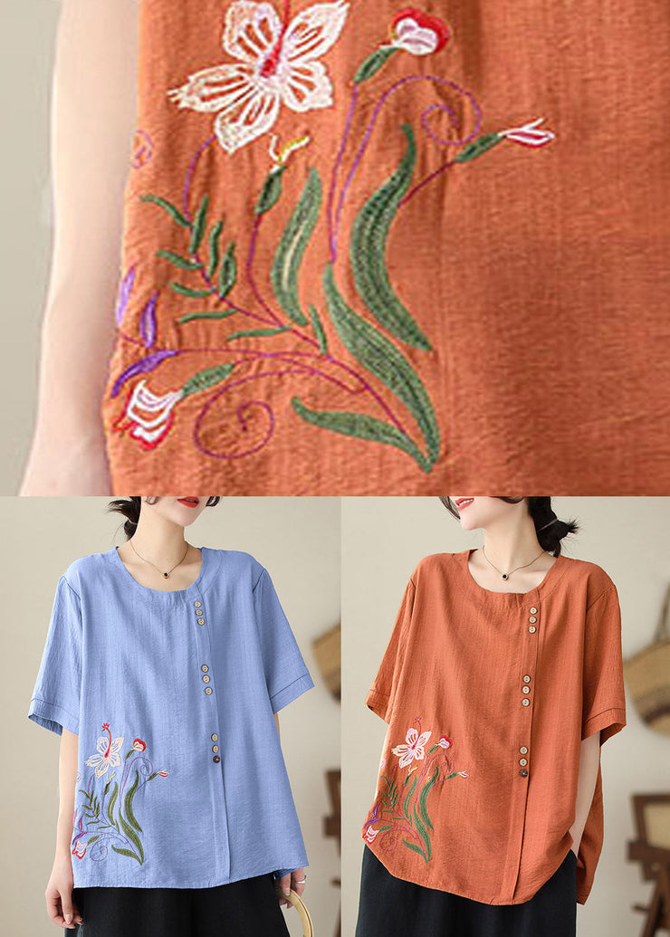 Brief Orange Embroideried Loose Top Summer