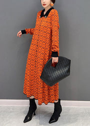 Brief Orange Peter Pan Collar Print Knit Shirt Dress Winter