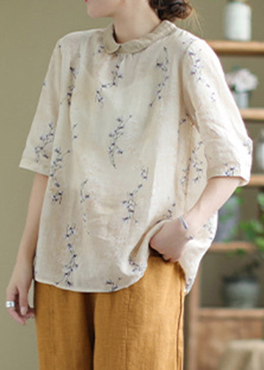 Brief Peter Pan Collar Print Button Low High Design Linen Shirt Half Sleeve