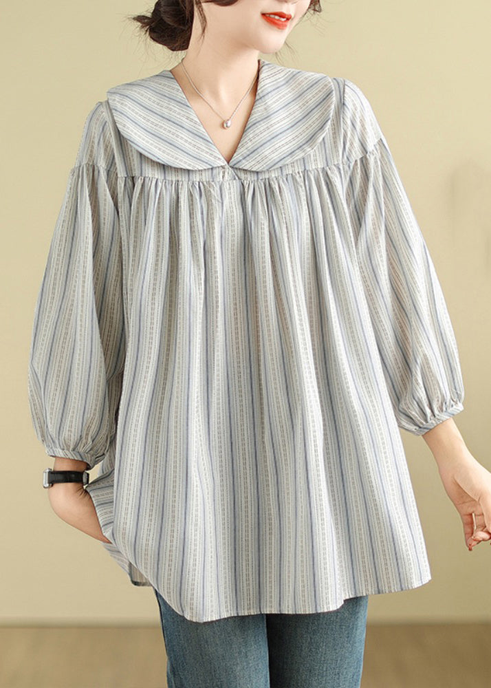 Brief Peter Pan Collar Striped Patchwork Top Long Sleeve