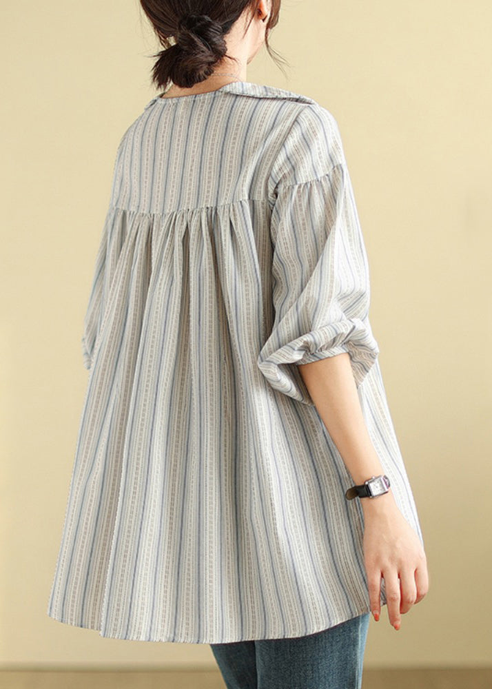 Brief Peter Pan Collar Striped Patchwork Top Long Sleeve