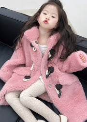 Brief Pink Button Faux Fur Kids Hooded Maxi Coat Spring