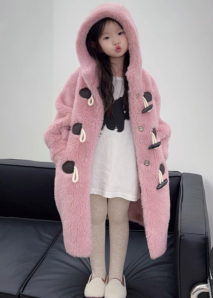 Brief Pink Button Faux Fur Kids Hooded Maxi Coat Spring