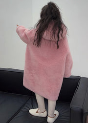 Brief Pink Button Faux Fur Kids Hooded Maxi Coat Spring