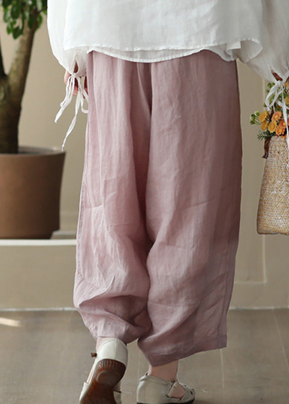 Brief Pink Elastic Waist Wide Solid Ramie Leg Pants Summer