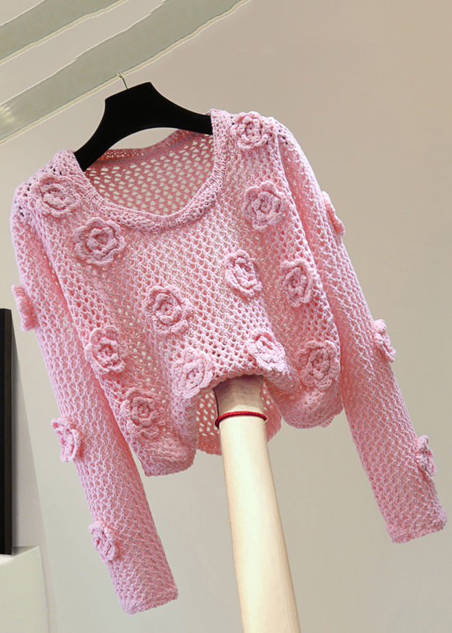 Brief Pink Floral Hollow Out Cotton Knit Sweaters Spring