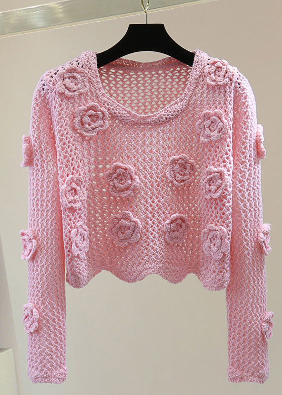 Brief Pink Floral Hollow Out Cotton Knit Sweaters Spring