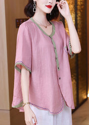 Brief Pink O-Neck Patchwork Button Linen Shirts Short Sleeve