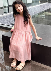 Brief Pink O-Neck Patchwork Solid Silk Kids Maxi Dresses Summer