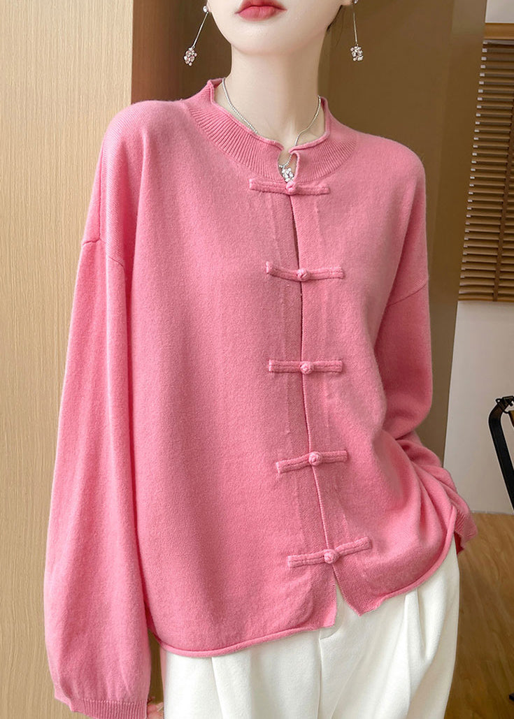 Brief Pink Patchwork Button Cashmere Knit Cardigans Long Sleeve