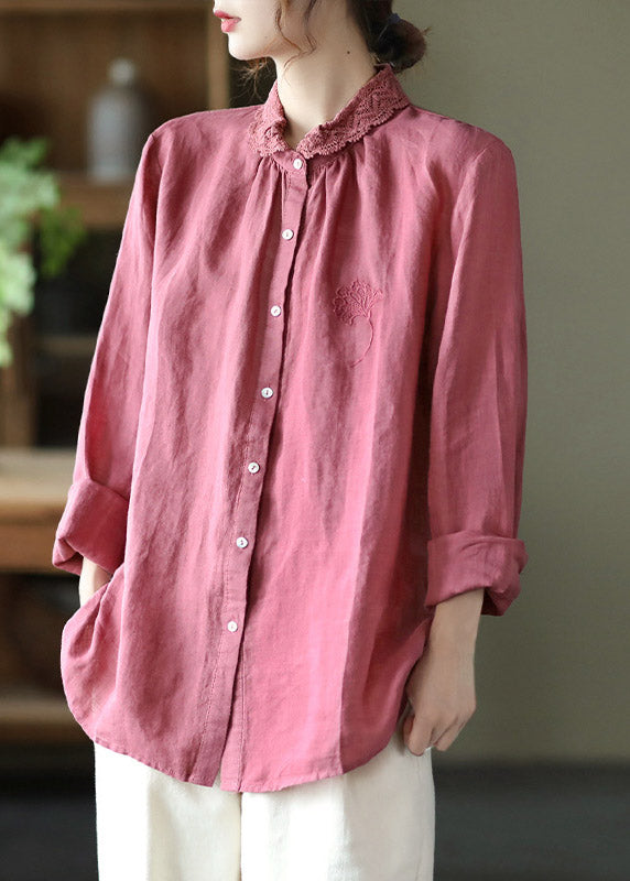 Brief Pink Peter Pan Collar Lace Patchwork Linen Shirt Long Sleeve