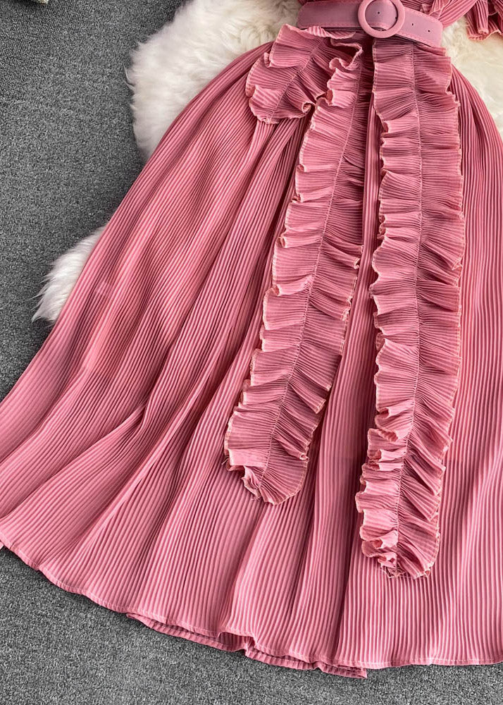 Brief Pink Stand Collar A line Long Dress Flare Sleeve