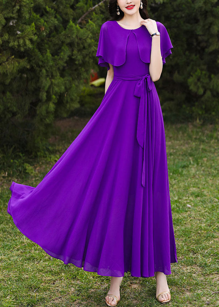 Brief Purple O-Neck Patchwork Tie Waist Chiffon Holiday Maxi Dresses Short Sleeve