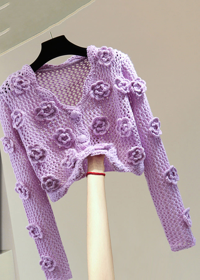 Brief Purple V Neck Embroidered Floral Cotton Knit Sweater Spring