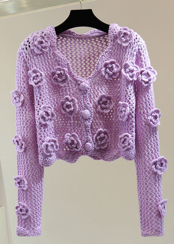 Brief Purple V Neck Embroidered Floral Cotton Knit Sweater Spring