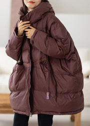 Brief Purplish Red Drawstring Zippered Duck Down Hooded Down Coat Winter