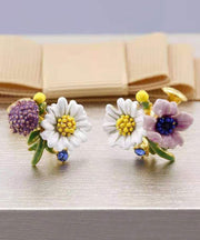 Brief Rainbow Sterling Silver Asymmetrical Enamel Floral Stud Earrings