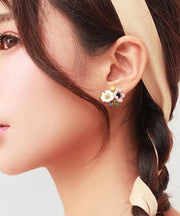 Brief Rainbow Sterling Silver Asymmetrical Enamel Floral Stud Earrings