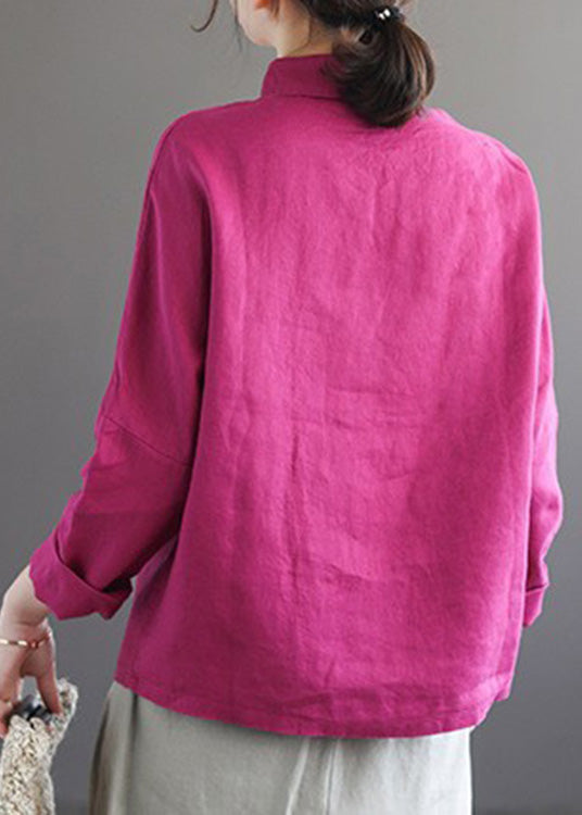 Brief Rose Peter Pan Collar Solid Linen Shirts Long Sleeve