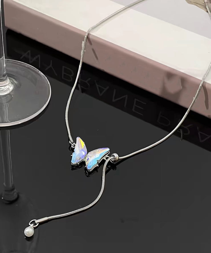 Brief Silk Stainless Steel Butterfly Tassel Pendant Necklace