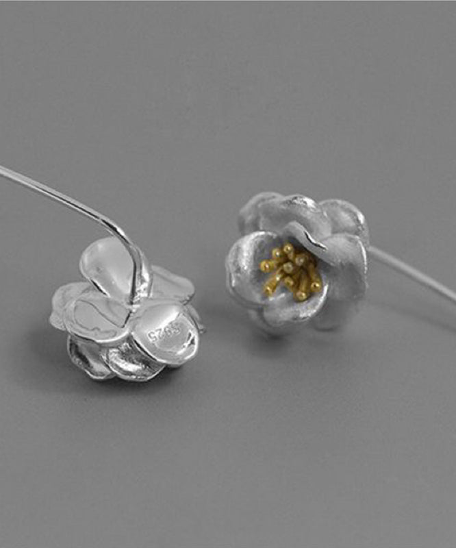 Brief Silk Sterling Silver Camellia Flower Tassel Drop Earrings