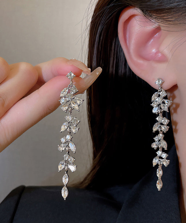 Brief Silk Sterling Silver Zircon Leaves Tassel Drop Earrings