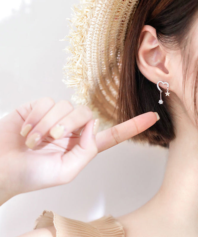 Brief Silk Sterling Silver Zircon Love Star Tassel Stud Earrings