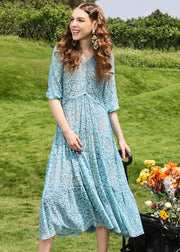 Brief Sky Blue Embroidered Floral Hollow Out Silk Long Dresses Half Sleeve