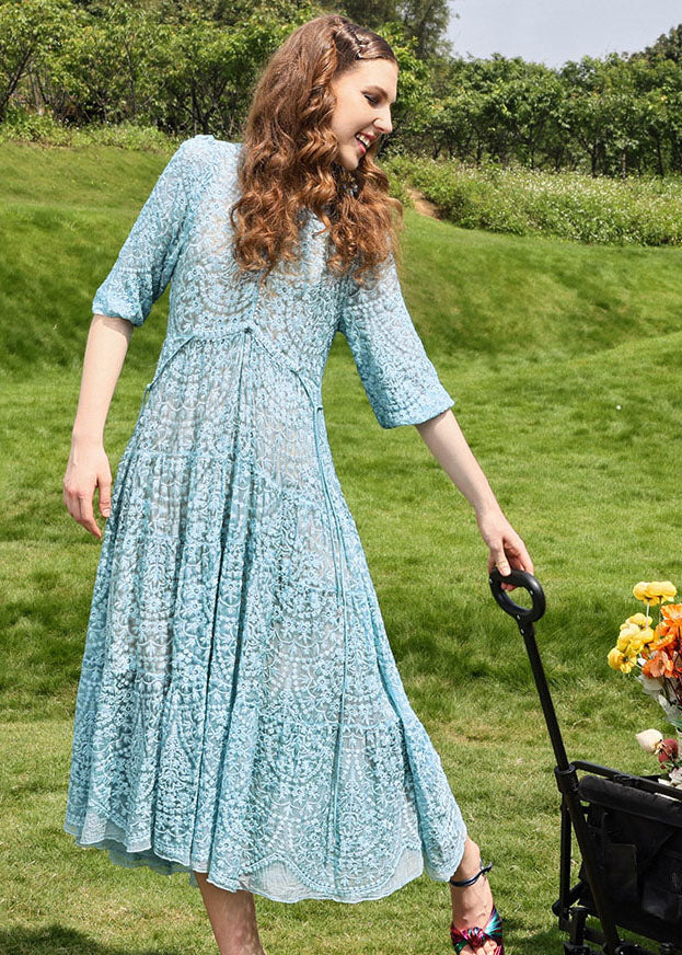 Brief Sky Blue Embroidered Floral Hollow Out Silk Long Dresses Half Sleeve