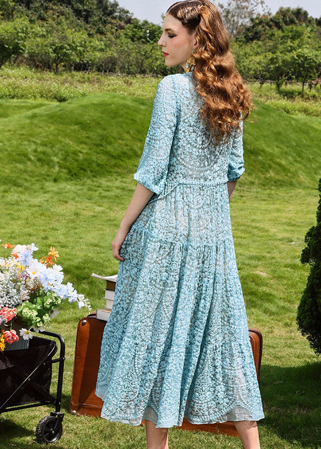 Brief Sky Blue Embroidered Floral Hollow Out Silk Long Dresses Half Sleeve