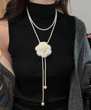 Brief White Alloy Camellia Pearl Beading Double Layered Pendant Necklace