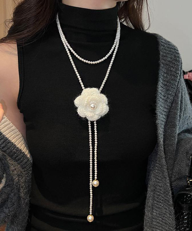 Brief White Alloy Camellia Pearl Beading Double Layered Pendant Necklace