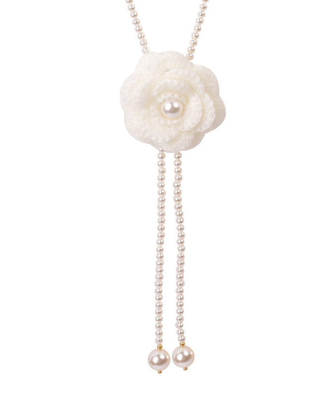 Brief White Alloy Camellia Pearl Beading Double Layered Pendant Necklace